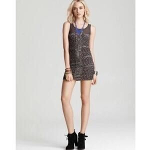 Free People Midnight Floral Sleeveless Ruffle Bodycon Mesh Detailing Mini Dress